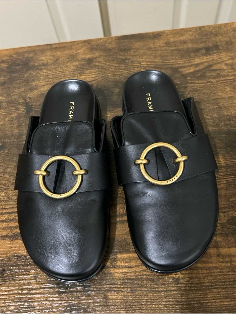 FRAME Spain Le Aspen Black Leather Flats Mules Clogs Shoes Sz 36 EU 6 US - Picture 2 of 11